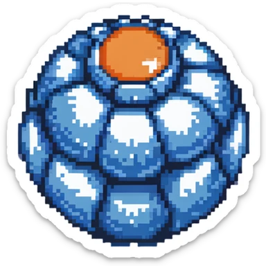 Blue digital bomb with curly blue fuse on top, round bomb body with blue highlights and details, pixel art style sticker