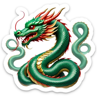 Cinematic Noble Chinese Serpent Dragon Portrait Emoji, Poised and majestic, with a sinuous, serpentine body adorned in intricately detailed scales of shimmering jade and soft vermilion, accented by delicate cloud motifs and subtle water ripple patterns; rendered with lifelike texture and gentle natural highlights, high shine, wise and enigmatic, styled with an aura of ancient dynastic grace, focused and regal, soft glowing outline, capturing the essence of a revered celestial dragon that appears ready to glide gracefully through the mists of time! sticker