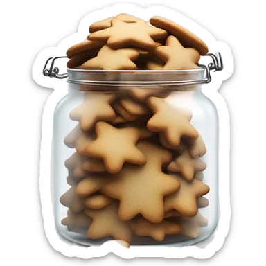 Realistic glass cookie jar with light white lid full of gingerbread cookies isolated.  sticker