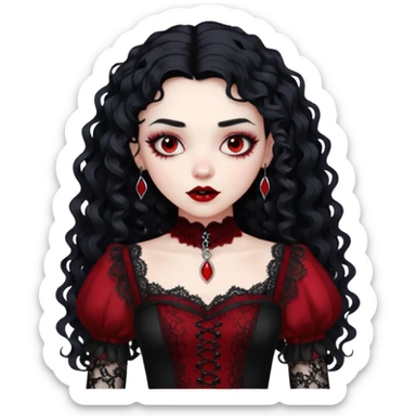 A girl with a red goth vampire look in a blck and red goth lace dress long black curly hair  sticker
