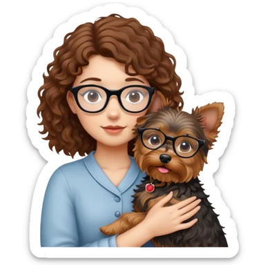 Girl with brown curly hair and glasses hugging a yorkshire terrier dog sticker