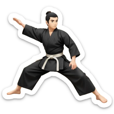 An icon depicting an aikido fighter in a black gi, executing a graceful throw in a martial arts dojo. The background features traditional wooden floors, tatami mats, and a serene atmosphere with soft lighting. The focus is on the fighter's precise technique and fluid movement. Transparent background sticker