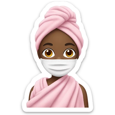 black girl in a towel wrap wearing a pink face mask sticker