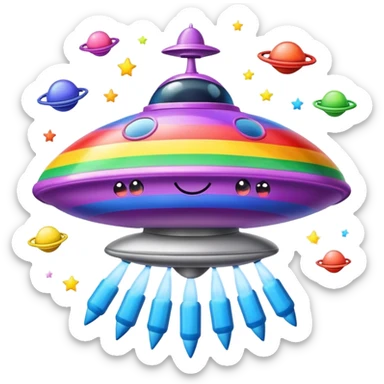 A colorful rainbow crayon character riding on top of a flying saucer UFO in space sticker