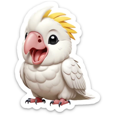 Cinematic Cute Yawning Cockatoo Portrait Emoji, Head tilted slightly with a dramatic, wide-open yawn, showcasing a plump, feathered body with a softly drooping crest and sleepy, half-closed eyes, Simplified yet irresistibly adorable features, highly detailed, glowing with a soft, cozy tropical glow, high shine, relaxed yet expressive, stylized with a dash of whimsical avian charm, soft glowing outline, capturing the essence of a drowsy yet affectionate cockatoo that appears ready to stretch out and yawn its way off the screen! sticker
