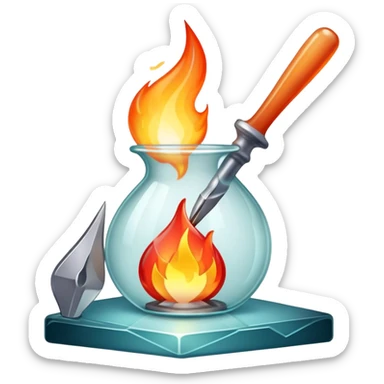 Glassworking icon, piece of glass being shaped with tools, glass cutter, flame for glassblowing, smooth edges, sparkling texture, minimalistic style, clean lines, transparent background. sticker