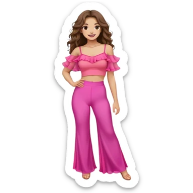 A young woman with long, wavy brown hair standing outdoors on a paved walkway, surrounded by green grass and modern architecture. She is wearing a vibrant pink crop top with dramatic sheer ruffled sleeves and high-waisted beige pants. The sunlight casts a warm glow on her face, and she has a gentle smile with a confident and relaxed posture. The background features a mix of classical and contemporary buildings, with trees adding a natural touch to the setting. sticker