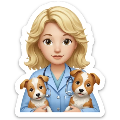 Joven mujer, de cabello bajo los hombros rubio con ondas, veterinaria de perros, vacas y caballos, con traje clínico celeste, sin delantal sticker