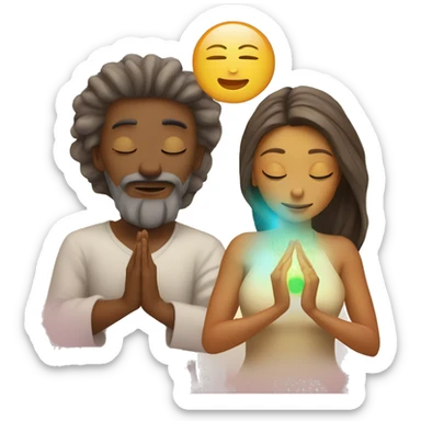 Man and woman lovers with 7 chakra symbols meditating sticker