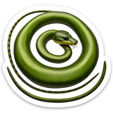 A photo-realistic top-down view of a Green Anaconda tightly coiled in a spiral, with its broad, flat head resting at the center. Its olive-green body is thick and muscular, patterned with symmetrical, bold black oval spots that flow along its smooth, glossy scales, that are camoflaged sticker