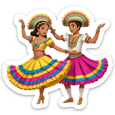 Cinematic Realistic scene of two dancers performing Cumbia, adorned in colorful traditional Colombian costumes with intricate details, captured in rhythmic motion with lively, festive lighting sticker