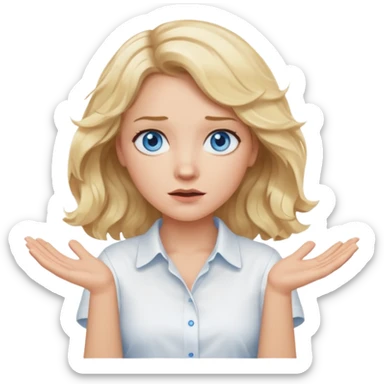 A woman with wavy blonde hair and blue eyes shrugging emphatically sticker
