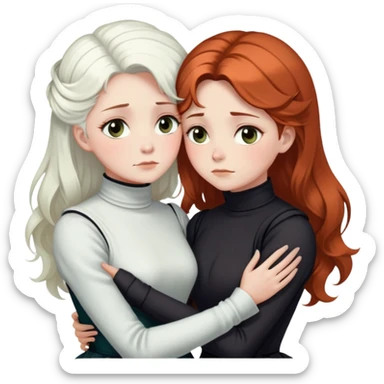 Two Victorian women with light eyes, one with bright pure white coiffed hair and one with dark copper coiffed hair, wearing Victorian turtleneck dresses, embracing each other in a sad, intimate hug sticker