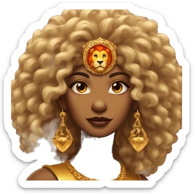 Create an emoji of a confident woman with voluminous lion-like hair, bold makeup, and gold jewelry, embodying the Leo zodiac sign with a regal expression and fiery energy. And a headgear of Leo sign sticker