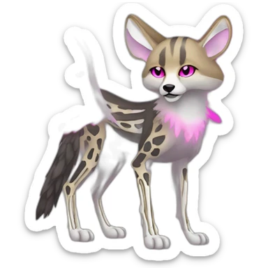 Coyote ocelot standing with grey and black fur and phoenix wings on back and pink ears half skeleton, neon lights sticker