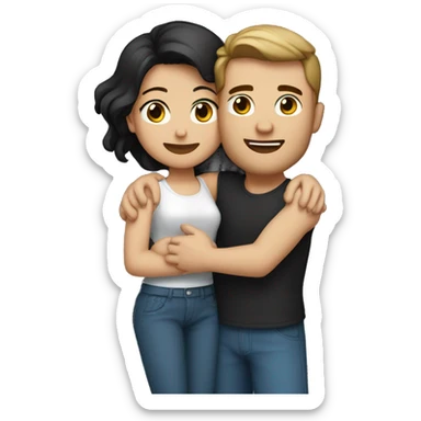 Couple having a big hug, arms around each other. man with light brown skin and black hair. white woman with brown hair and blue eyes  sticker