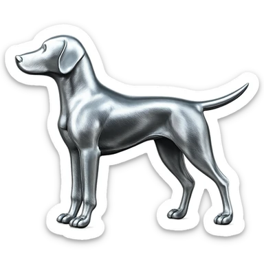               Apply a high-end, photorealistic metallic chrome material to the provided {subject}. The material should have a smooth, slightly curved surface with subtle reflections and soft shadows, resembling brushed or polished silver metal. Preserve the exact shape, proportions, and design of the original object. Set it against a solid black background (#000000) in 8K resolution. The lighting should enhance the beveled edges and reflective highlights, creating a sleek, premium finish. {subject} = dog pointing left sticker