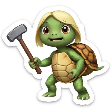 angry girl turtle(with blond balejage) hitting with hammer another turle animated cartoon sticker
