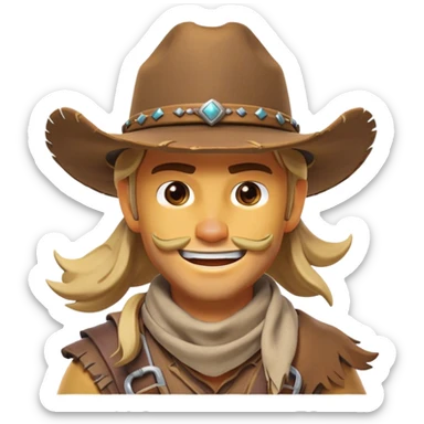 clash-of-clans-aesthetic_-cinematic-playful-cowboy-portrait-emoji, head-tilted with a roguish, cheeky grin and twinkling eyes, featuring a rugged, spirited build with a wide-brimmed cowboy hat and a weathered bandana on tan skin, riding a powerful galloping horse with dynamic flowing mane, reins gripped firmly in one hand and a lasso in the other, as dust swirls behind them in a vast desert landscape. sticker