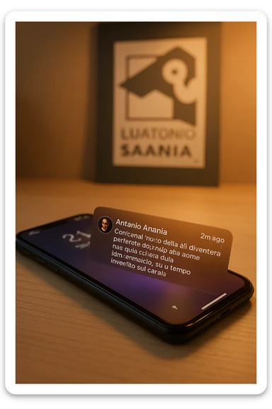 A photo of an iPhone with the message "Antonio Anania" on its scree, both surrounded by soft light and shadow. The phone sits atop a desk with a blurred background that suggests work environment. A faint glow from above casts gentle shadows across the surface of each object, creating depth and highlighting their textures. sticker