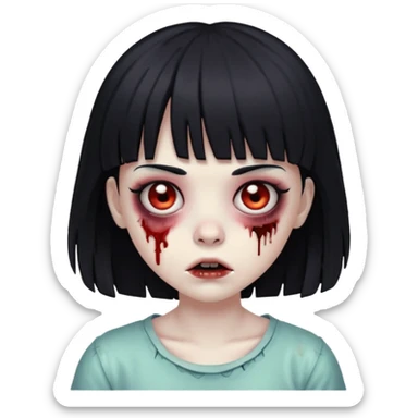Make a zombie girl with black eyes and black hair with bangs sticker