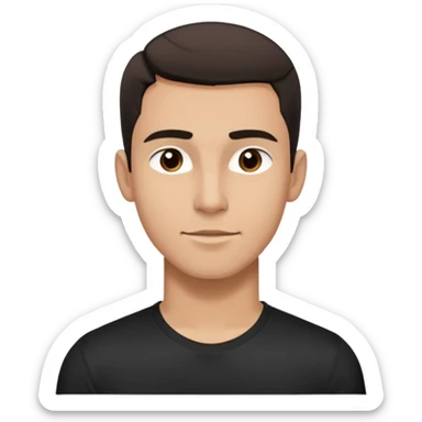 Young man with light brown skin, elongated face, defined jawline, medium dark eyes, arched eyebrows, straight nose, friendly expression, short dark hair styled upward, athletic build, wearing a fitted black t-shirt sticker