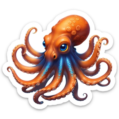 Cinematic Realistic Noble Octopus Portrait Emoji, Poised and majestic, with a sinuous, flowing body in vivid orange accented by intricately detailed blue rings, and intelligent, penetrating eyes that reflect ancient ocean lore; rendered with lifelike texture and natural iridescence, high shine, intelligent and formidable, styled with an aura of mystical marine power, focused and attentive, soft glowing outline, capturing the essence of a watchful and confident octopus that appears ready to glide out of the screen with timeless authority! sticker