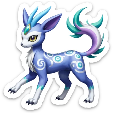 Tropical Tiny Marked Patterned Tribal Colorful Skilled Adept Graceful Asian Painted Garurumon-Meloetta-Absol-Suicune-Cobalion-fusion-hybrid-creature (full body) sticker