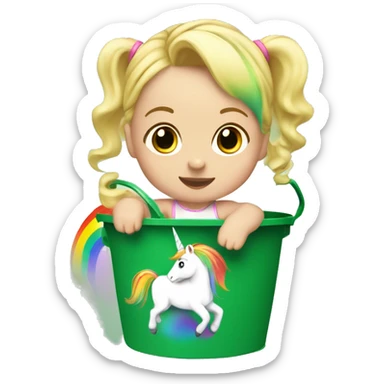 Blonde baby girl, inside of a green bucket riding a unicorn with rainbow hair ￼ sticker