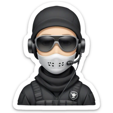 Futuristic special forces soldier wearing a white full-face balaclava, black wraparound sunglasses, and a military headset with a microphone. Dressed in a black hoodie, no tactical vest or armor. sticker