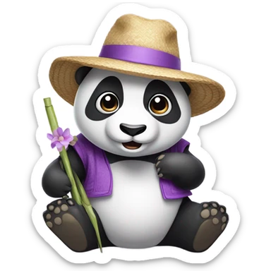 a panda with a strawhat and wearing purple and white clothes  sticker