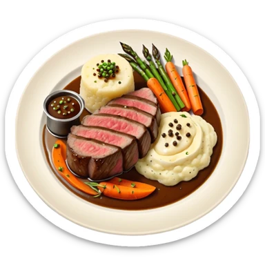 Medium rare Wagyu steak on a bed of creamy garlic mash potatoes couples with pan seared carrots and apparus and a lovely black pepper truffle sause  sticker
