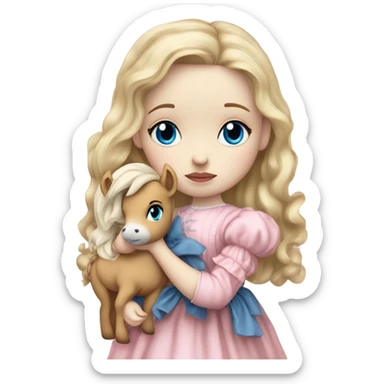 Blonde, pale skin, blue eyes girl wearing a pink dress cuddling her pony stuffed animal. She is from the Victorian era. She is sad and has tears in her eyes sticker