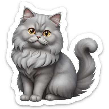 cinematic-[grey persian cat]-realistic-full-body-sitting-emoji,-tail-curled-playfully-around-its-paws,-head-tilted-dramatically,-fluffy-[grey]-fur,-simplified-yet-realistic-focused-features,-highly-detailed,-glowing-with-an-almost-sarcastic-glow sticker