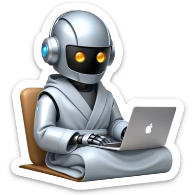 An emoji of a remote-working robot, sitting comfortably with coffee and laptop wrapped in a cozy bathrobe. The robot's head resembles a sleek, futuristic helmet with a smooth, reflective surface. Its eyes are not human-like but rather glowing digital slits or circular LED indicators. sticker
