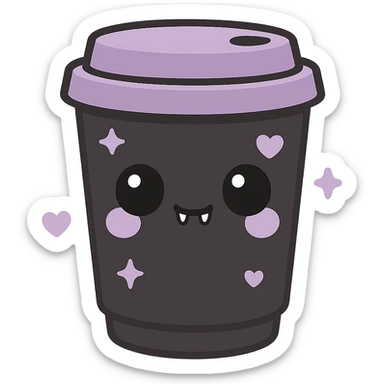 kawaii style gothic mocha, cute face, black takeaway cup, purple heart and star decorations, tiny fangs, fun and gothic sticker