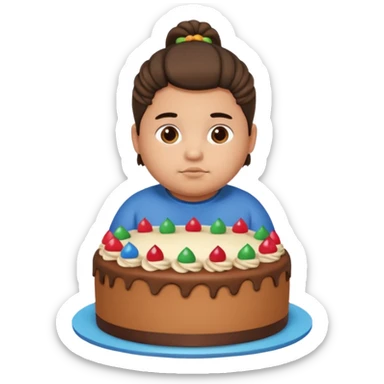 chubby mexican boy with pony tail sitting inside of a cake sticker