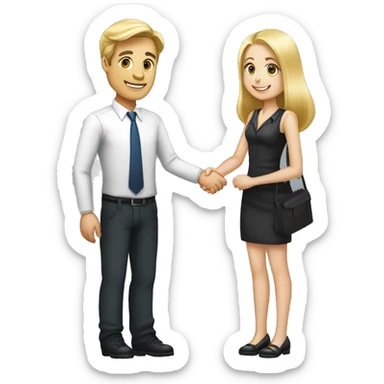 A 40-year-old fair-skinned businessman shakes hands with an 18-year-old fair-skinned blonde girl, full-length emoji sticker