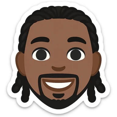 Transform this portrait into a simple and expressive emoji style with a smiling face, black skin tone, and transparent background. The style should resemble an emoji look while keeping the expression clear and friendly. sticker