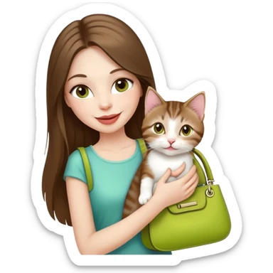 White Woman with VERY long straight brown hair, rosy lips and cheeks, big chartreuse eyes, cute happy big smile holding a white and brown tabby kitten, wearing a black purse sticker