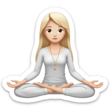 "Cartoon emoji of a girl with long, straight blonde hair, fair skin, soft brown eyes. Wearing a white top with a delicate necklace, serene expression, calm and peaceful. Smooth, simple, stylized." she is doing yoga sticker