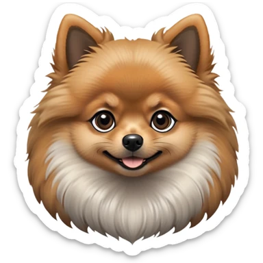 fluffy black and tan Pomeranian dog face, large round dark eyes, small black button nose, soft tan muzzle with subtle smile, two tan eyebrow spots, curious and alert expression, thick fluffy ruff of fur blending black, tan, and light gray, upright triangular ears with gray tips, friendly and cute sticker