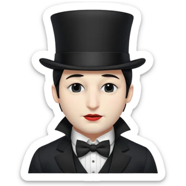 A french man with snow white skin, a black half mask with an eye hole, a black top hat, a black vest with a black tie tucked underneath, and a white collared shirt. Closed eyes. sticker