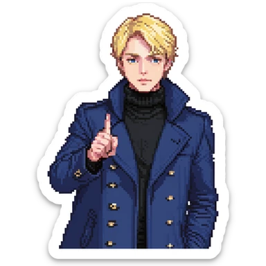 Flat pixel art, bold and charismatic male leader, Caucasian, short neat blonde hair, sharp eyes, indigo coat over black turtleneck, one arm raised pointing out, waist-up, front-facing sticker
