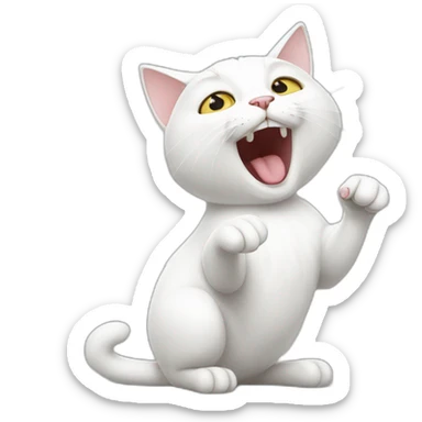 white cat that opens its mouth wide and points its paw towards its mouth sticker