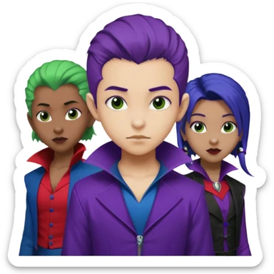 Solo poly platonic relationship, one African girl, one Asian boy, one biracial features Asian tomboy girl rat-tail hair long and upper masculine hair 90s, vampire and marvel cosplay elements inspired  use marvel colours, like instead of obvious human, green purple blue etc,  sticker