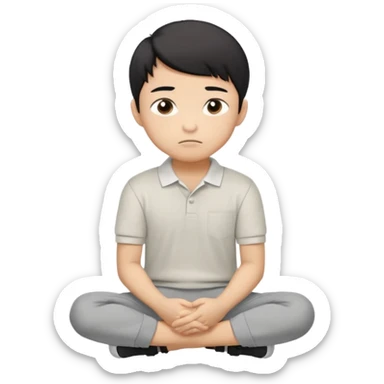 Cartoon Asian boy sitting cross-legged, clearly resting his closed fist against his cheek, looking thoughtful with a slight smirk. White polo, gray pants, black shoes, large eyes, short black hair. Clean vector style, flat colors, black background. sticker