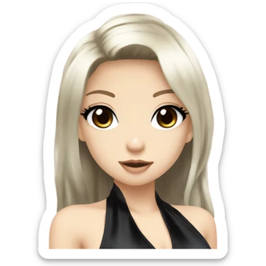 hime gyaru girl with LONG SILKY BLACK HAIR, with black satin halter top with chest, very pale skin and pretty brown monolid eyes sticker