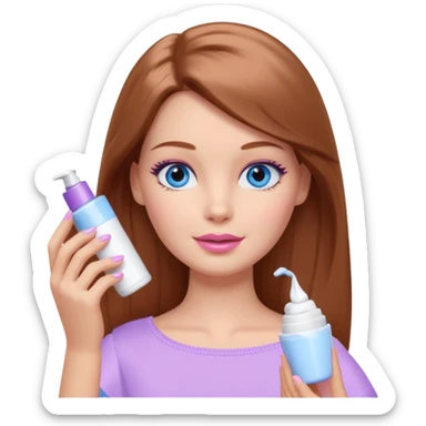 Barbie girl Chestnut Shoulder-length hair and blue eyes is In pale purple applying cream on face sticker