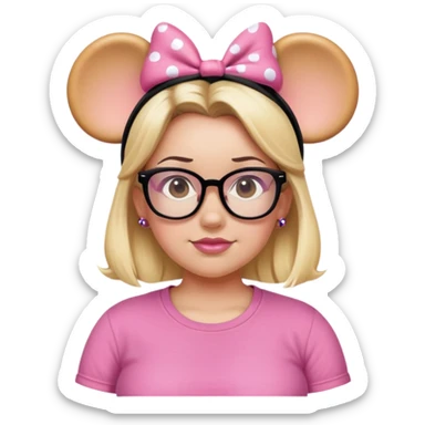 Thick Woman pink T-shirt Hazel eyes glasses blonde hair Black Minnie mouse ears sticker